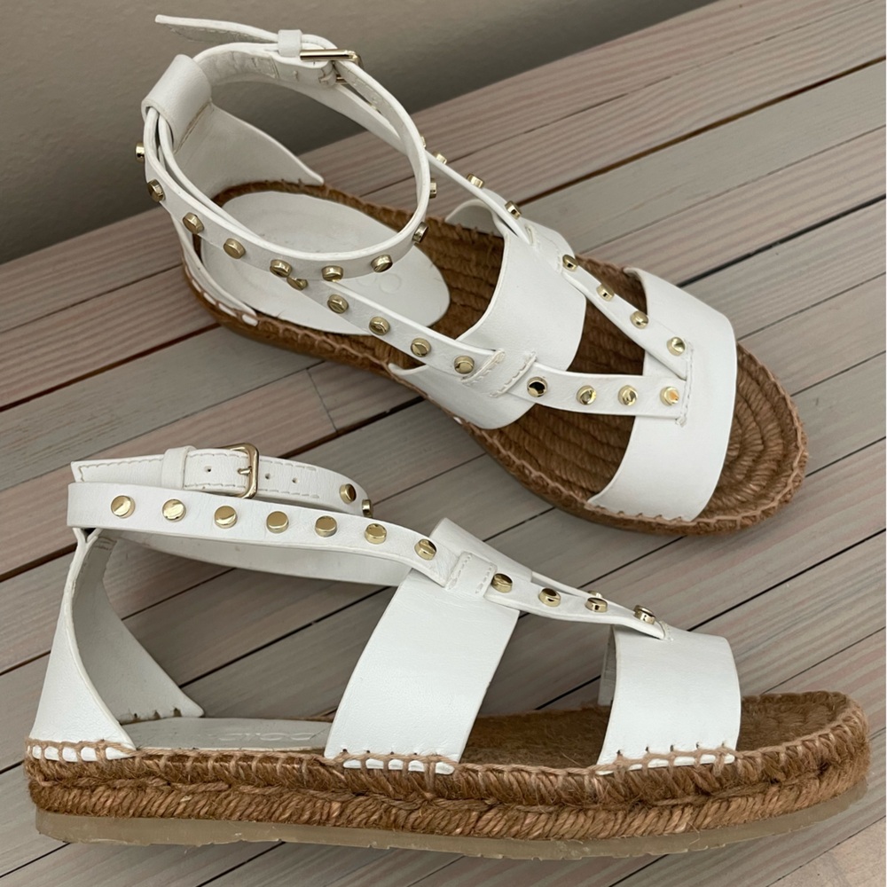 JIMMY CHOO Denise Flat White Leather Stud Vachetta Espadrille Sandals 34 4 $650
